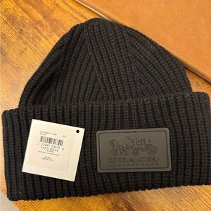 Coach Unisex Knit Ribbed Cuffed Stitched Patch Beanie Skull Cap Black NWT